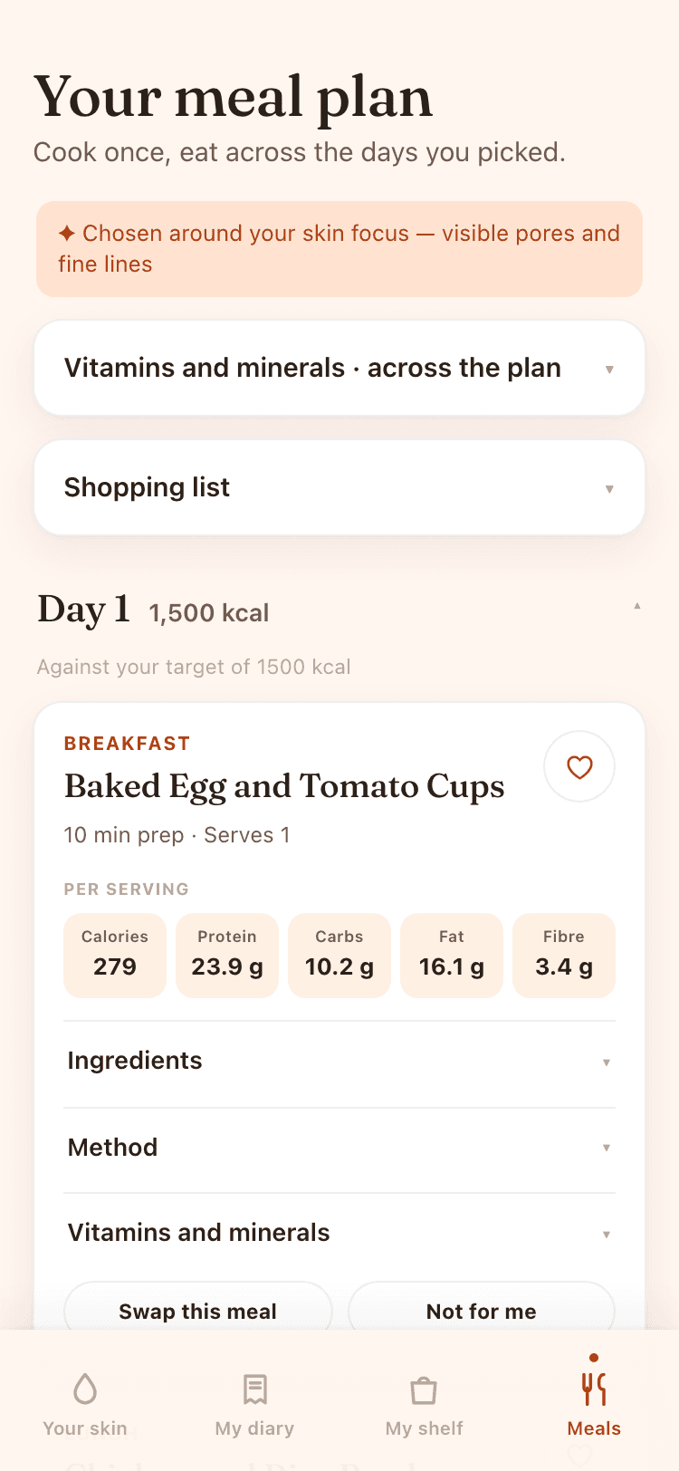 The meal plan screen: a day of recipes with calories, protein, carbs, fat and fibre per serving.