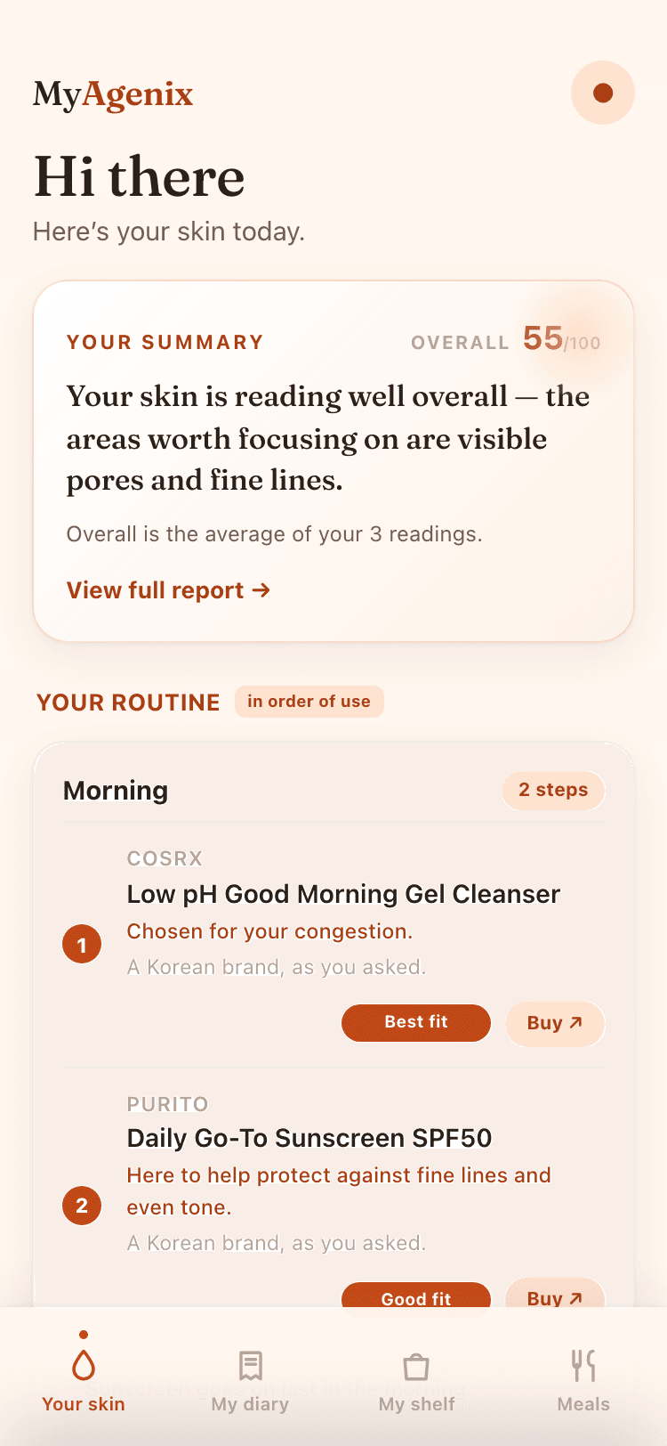 The Your skin screen: the summary card and the morning routine, each product with its reason.